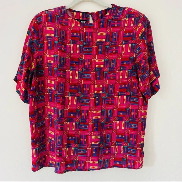 Vintage QUO-SILK Contrast abstract boho Top t-Shirt 100%silk - Picture 5 of 8